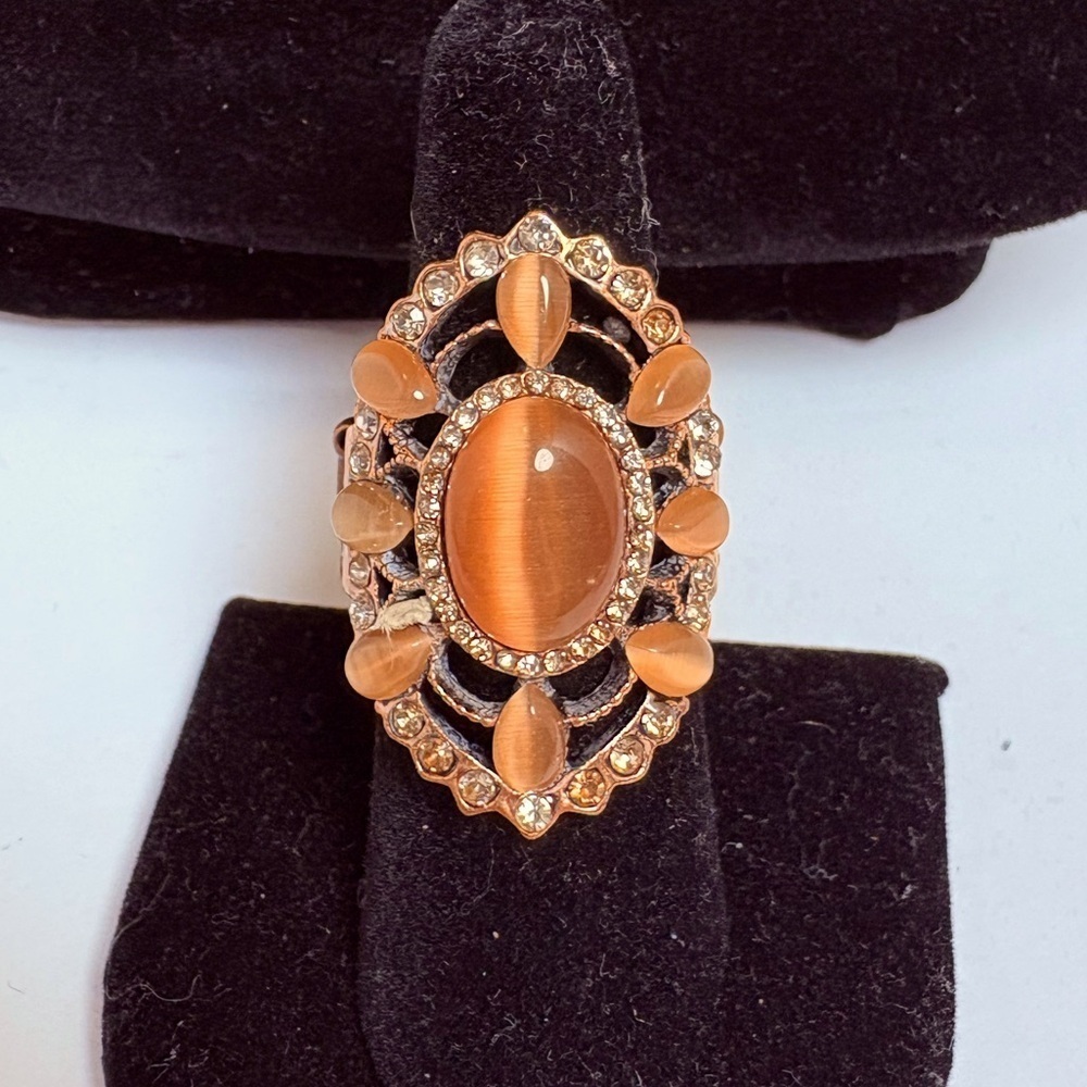 Elegant Brown and Rhinestone Stretch Statement Ring